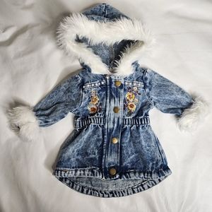 Little Lass Baby Jean Jacket Blue Acid Wash Embroidered Faux Fur Trim Size 0/3M